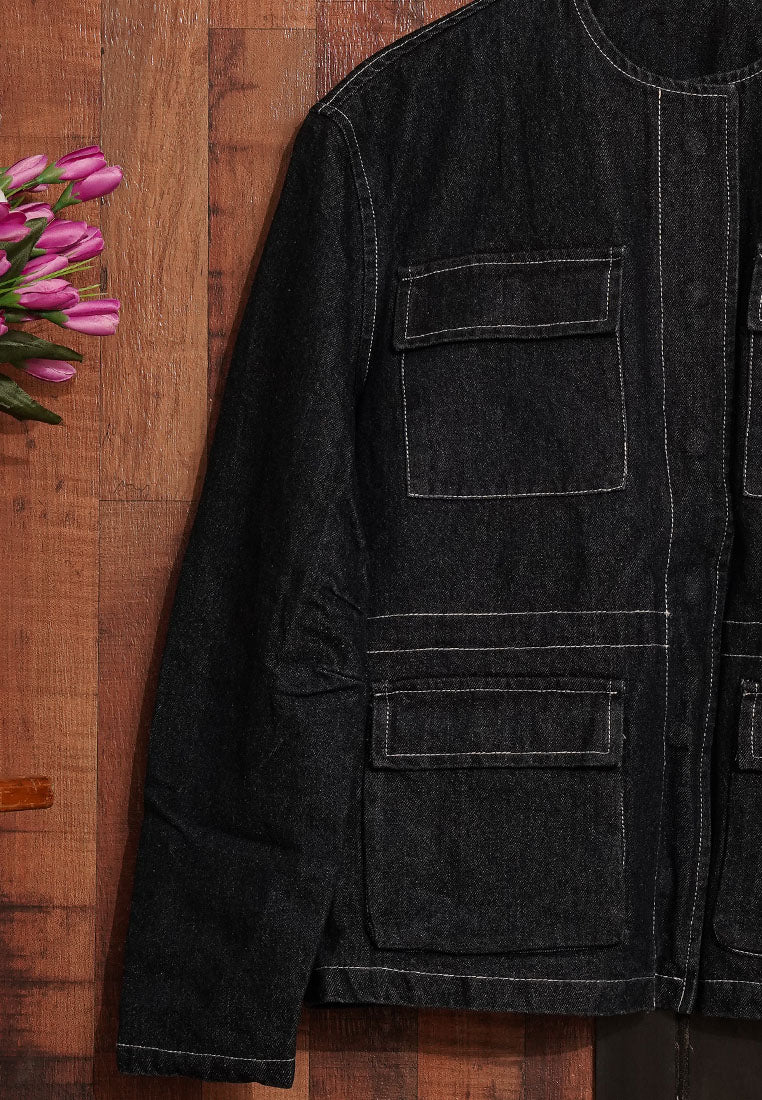 women utility pockets denim jacket#color_black
