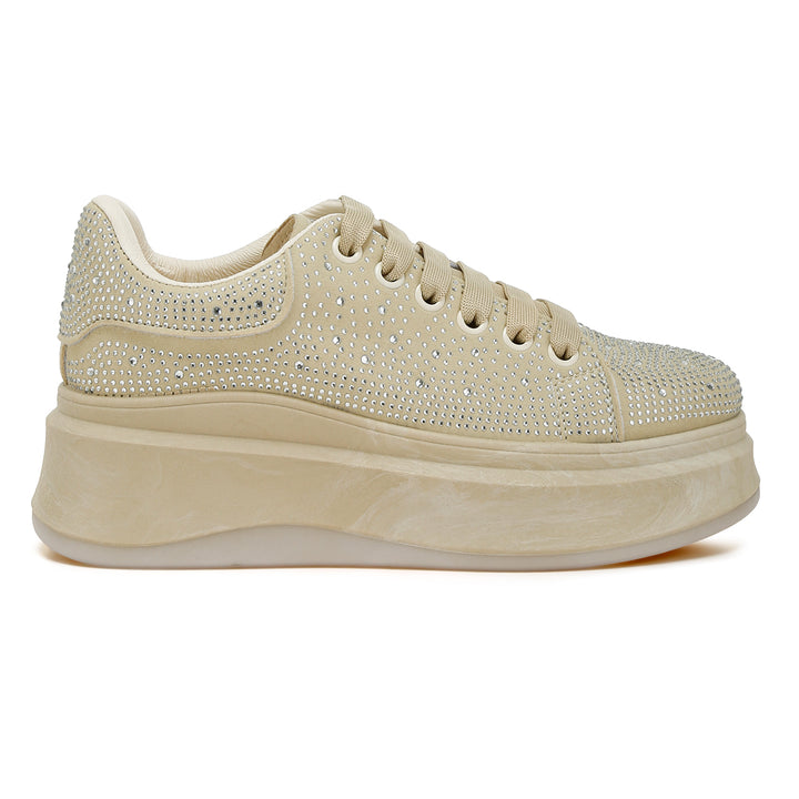 rhinestones embellished chunky sneakers#color_beige