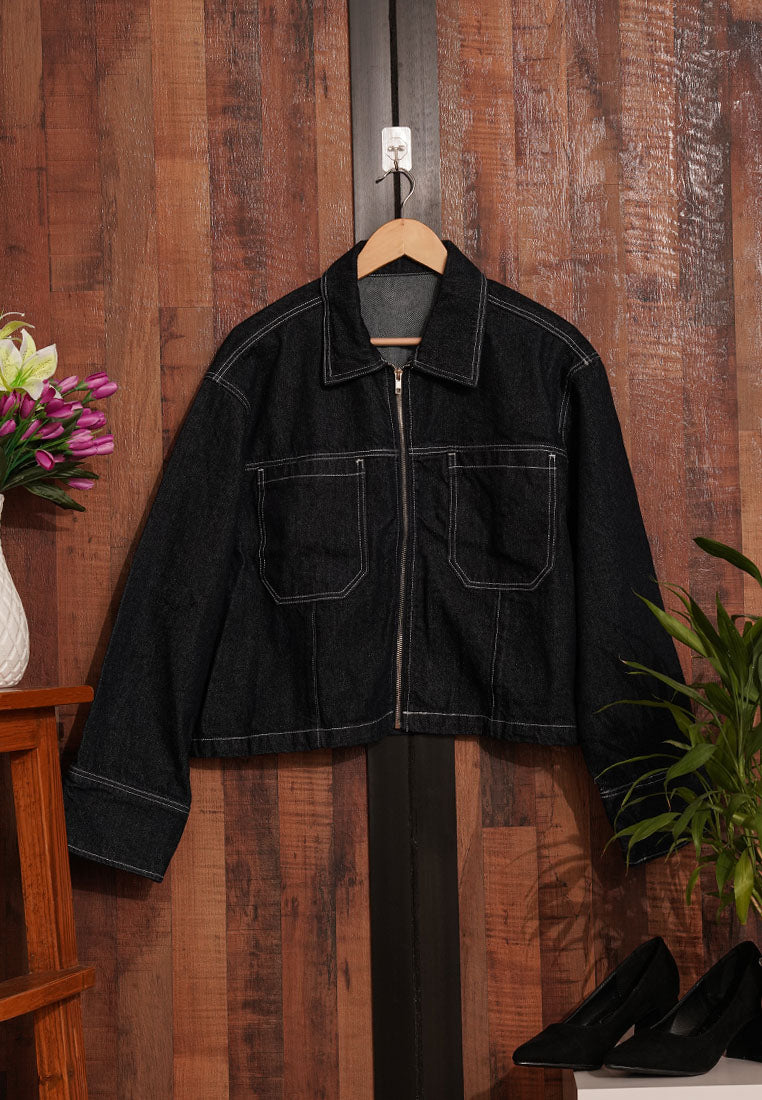 women zip front denim jacket#color_black