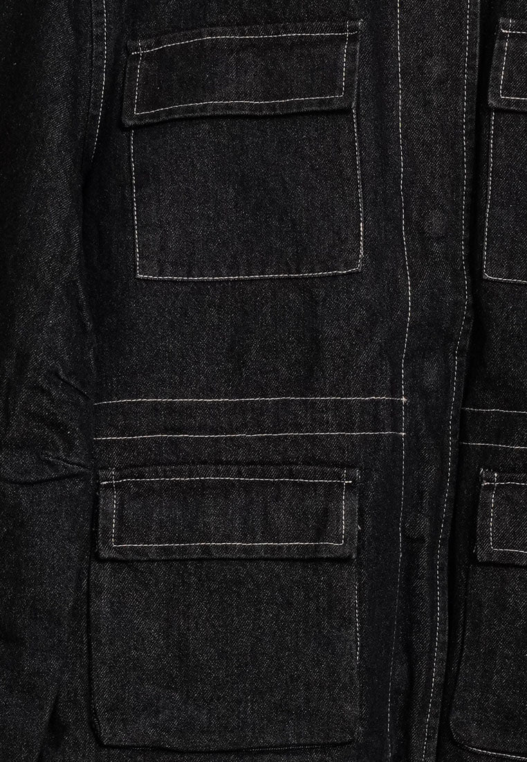 women utility pockets denim jacket#color_black