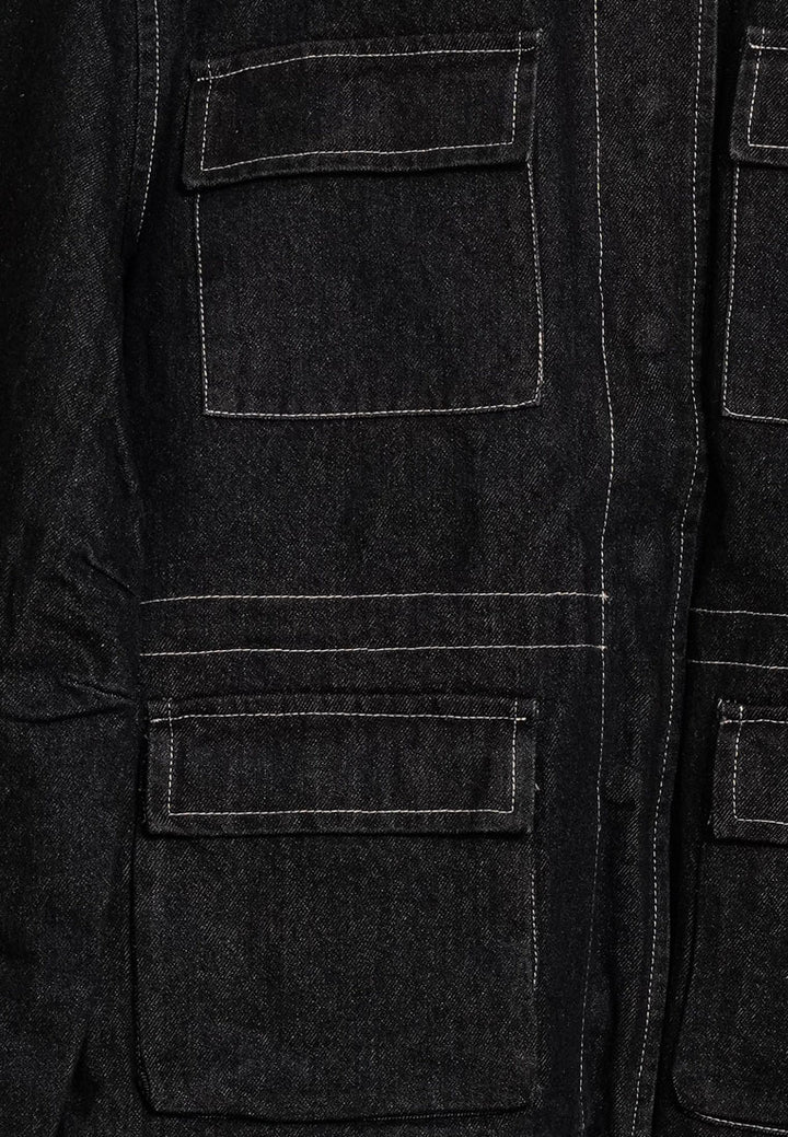 women utility pockets denim jacket#color_black