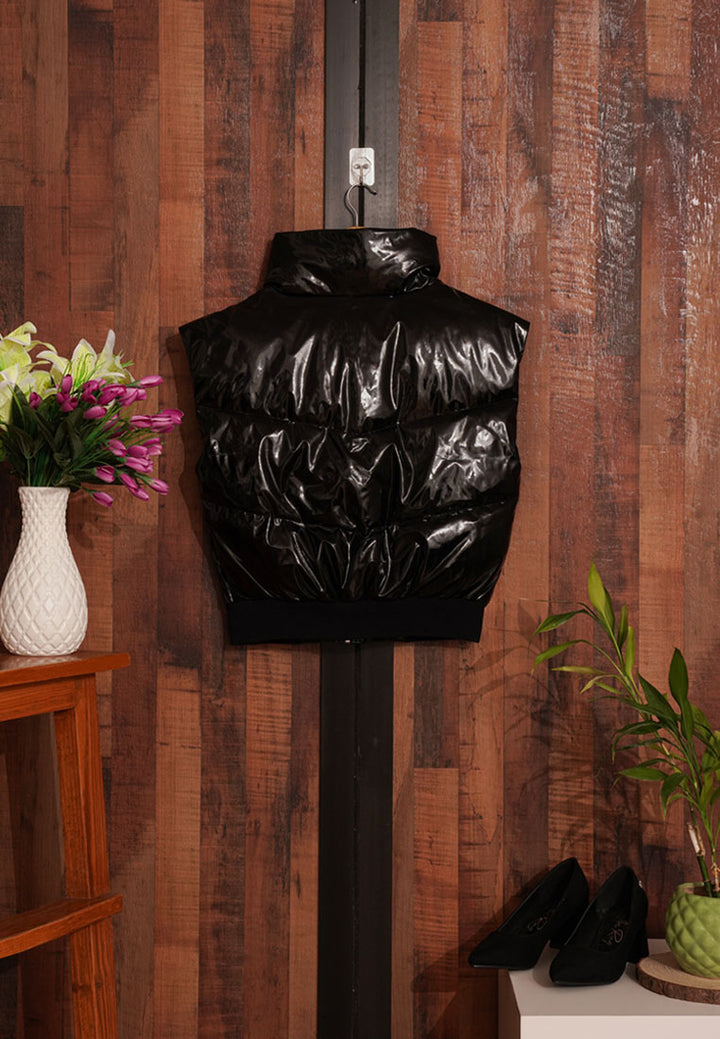 Women Glossy Faux Leather Sleveless Jacket