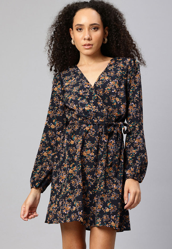 Women Floral Belted Mini Dress