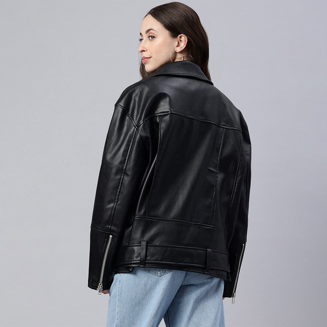 belted oversized biker jacket#color_black