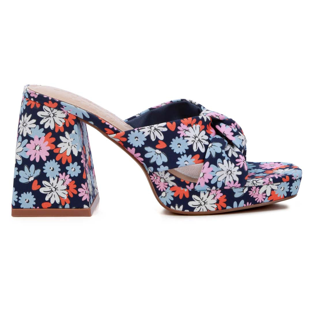 floral triangular block heel sandals#color_navy