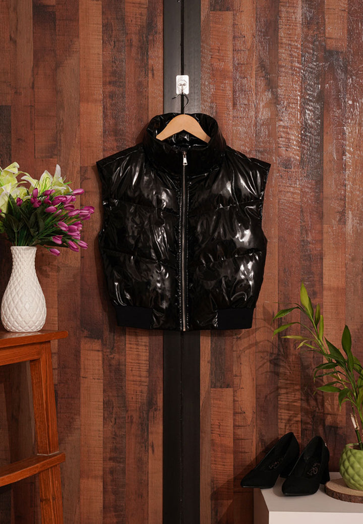 Women Glossy Faux Leather Sleveless Jacket
