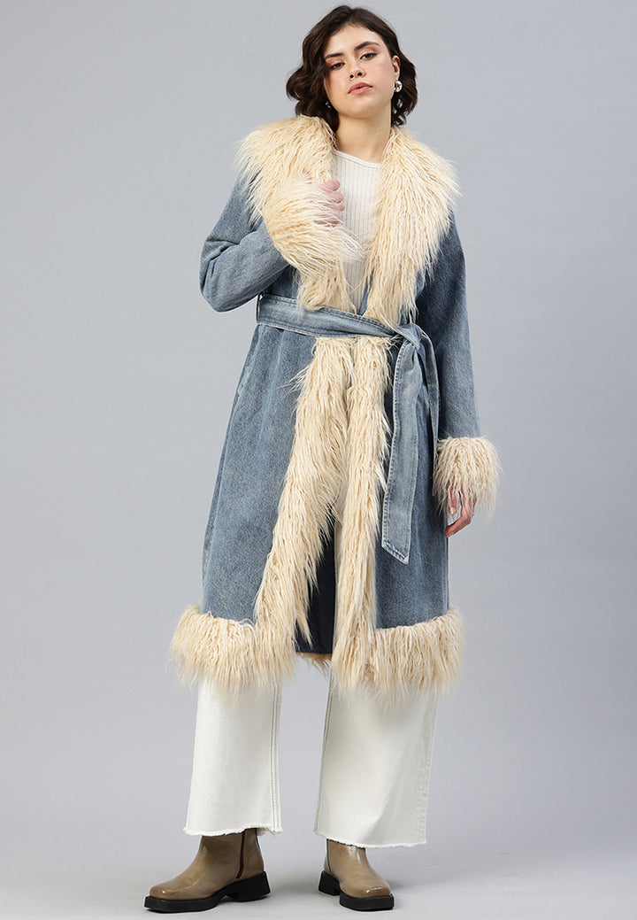 Faux Fur Trim Denim Trench Coat