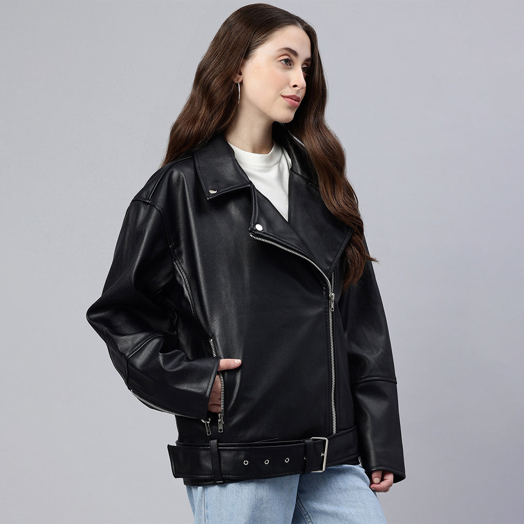 belted oversized biker jacket#color_black