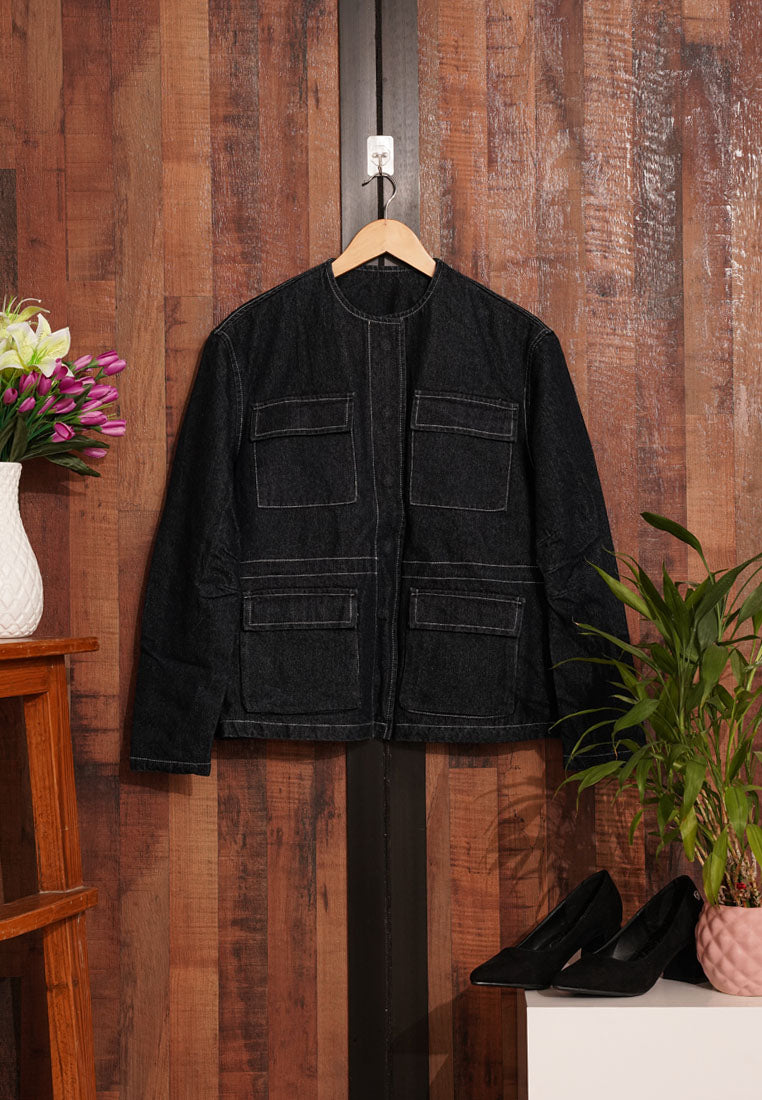 women utility pockets denim jacket#color_black