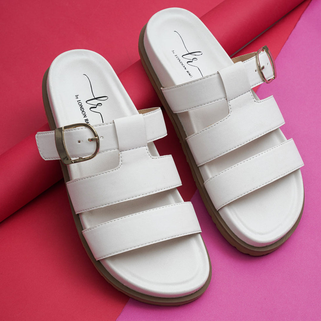 Women Strappy Faux Leather Slip On Flats