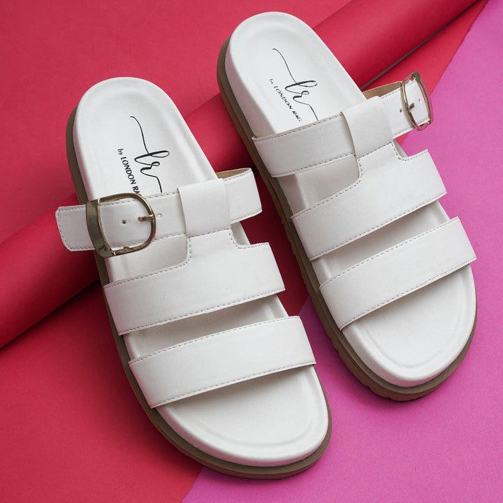 Women Strappy Faux Leather Slip On Flats