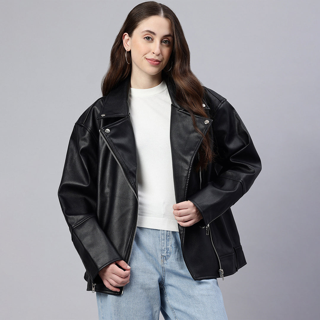 belted oversized biker jacket#color_black