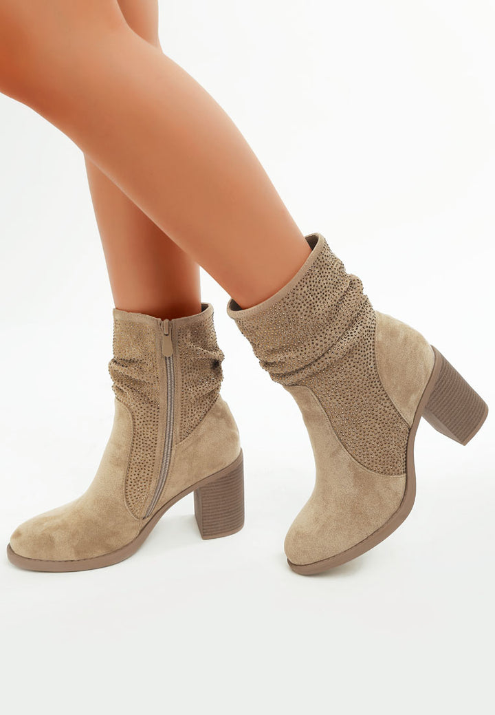 women rhinestone studded slouchy ankle boots#color_beige