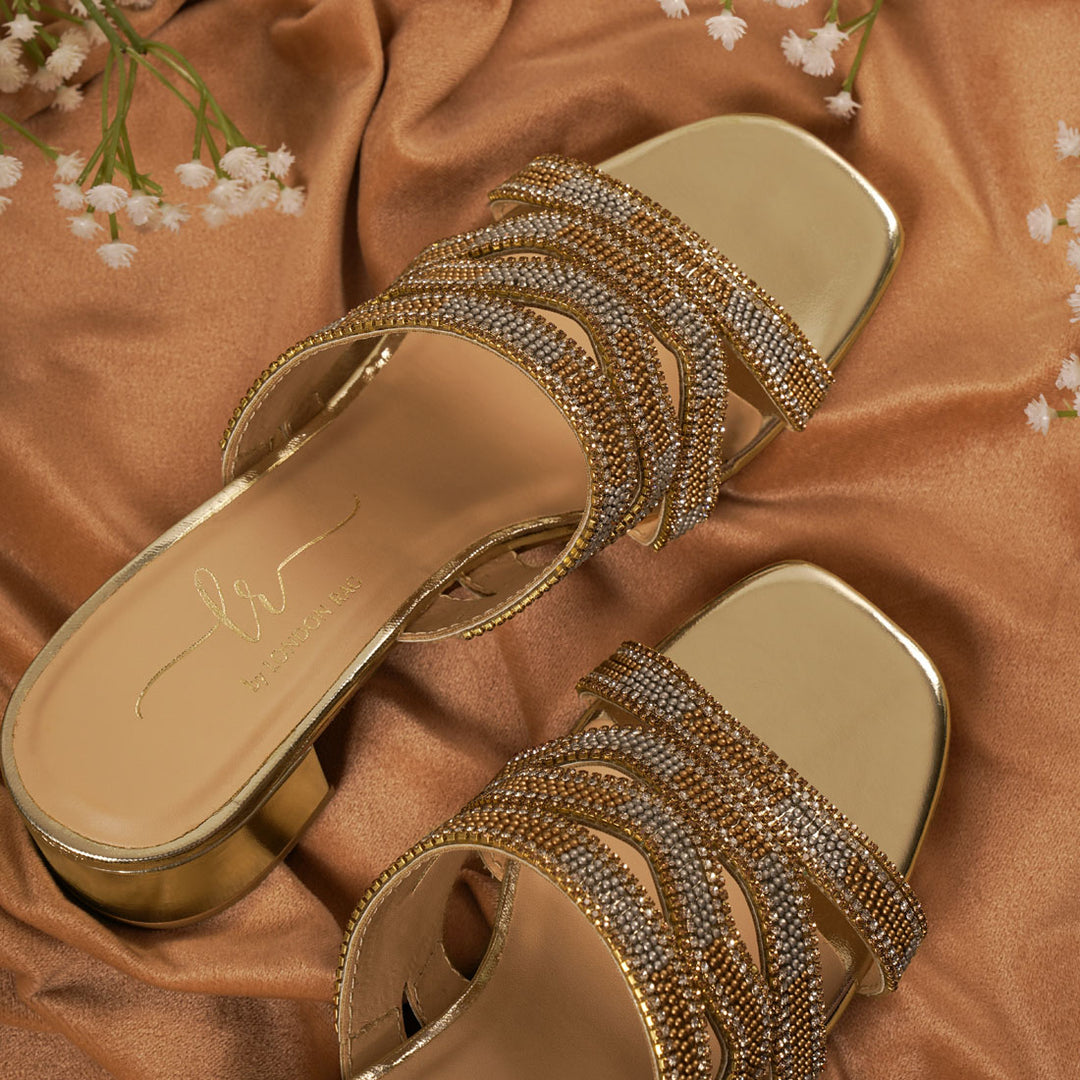 Women Rhinestones & Bead Embellished Block Heels