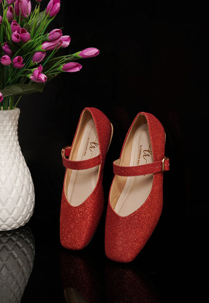 women pin buckle glitter flat ballerina#color_red