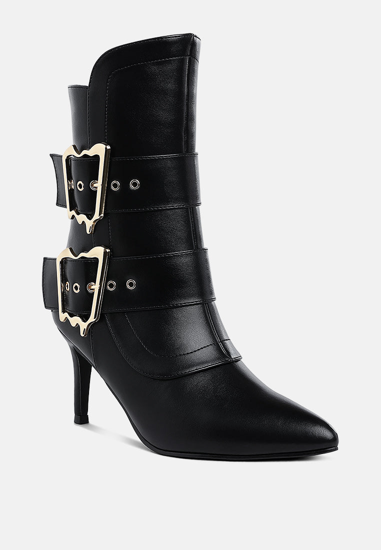 women chunky buckle strap ankle boots#color_black