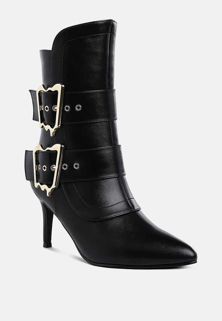 women chunky buckle strap ankle boots#color_black
