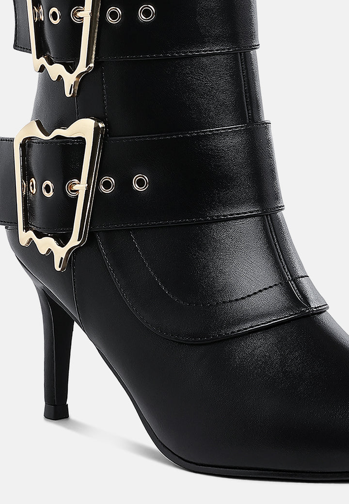 women chunky buckle strap ankle boots#color_black