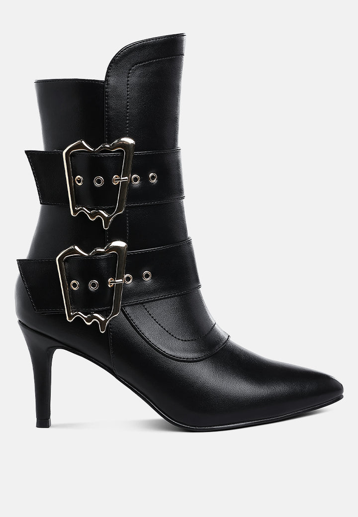women chunky buckle strap ankle boots#color_black