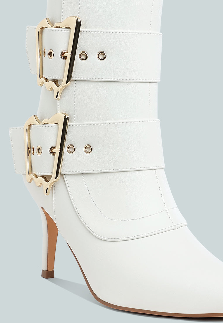 women chunky buckle strap ankle boots#color_white