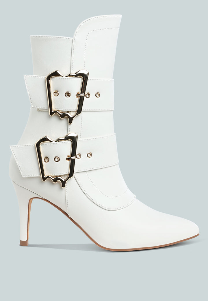 women chunky buckle strap ankle boots#color_white