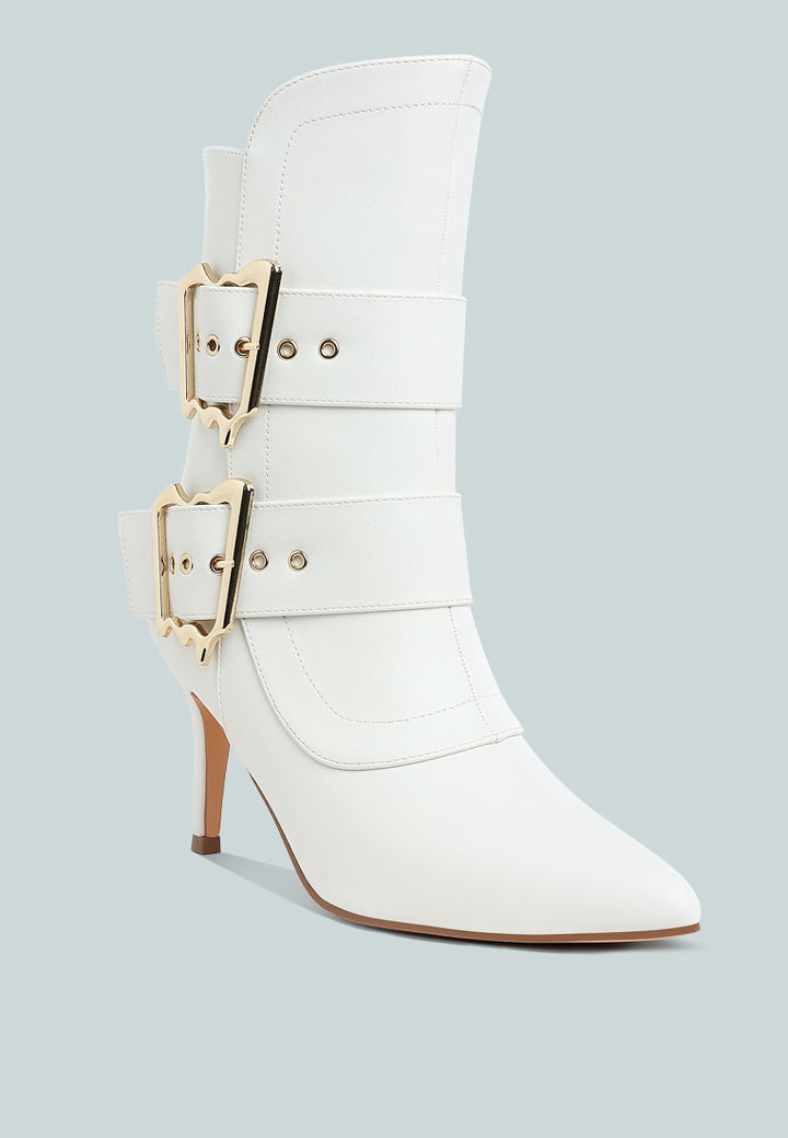 women chunky buckle strap ankle boots#color_white