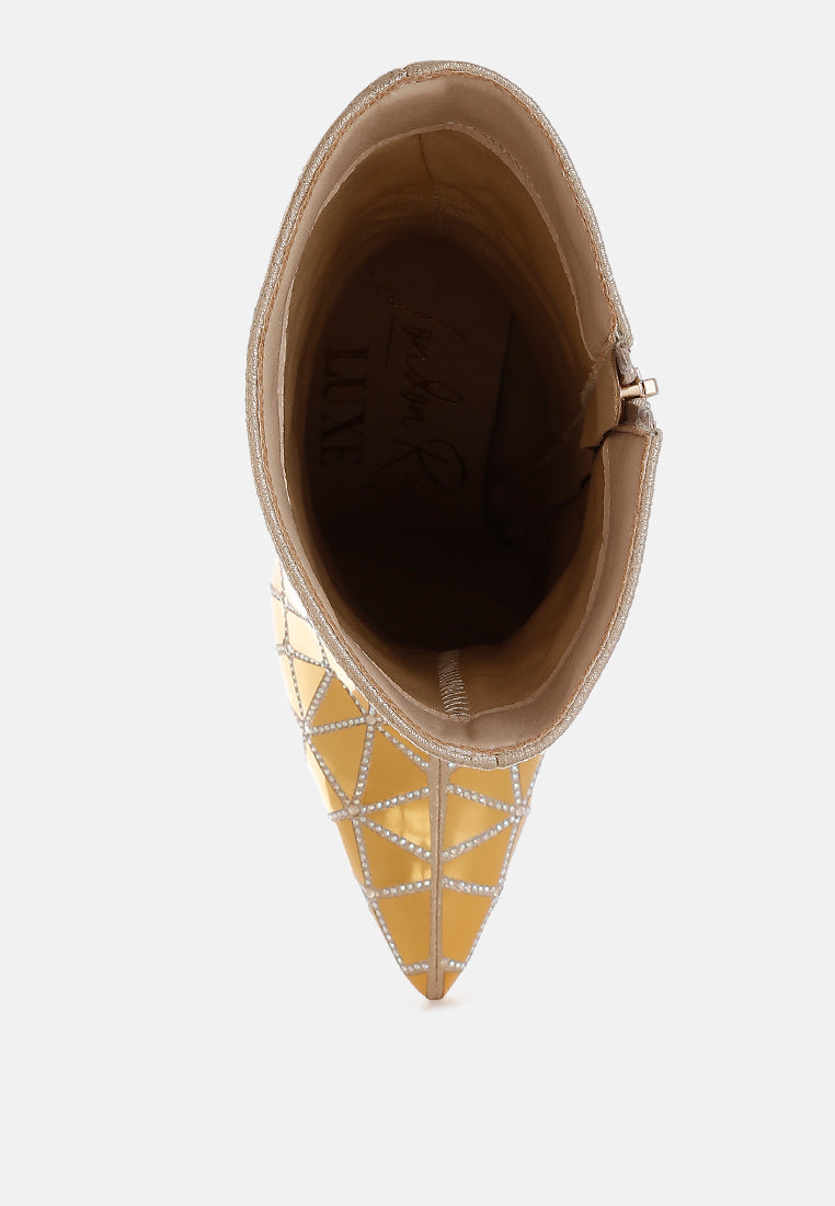 women rhinestones embellished metallic boots#color_gold