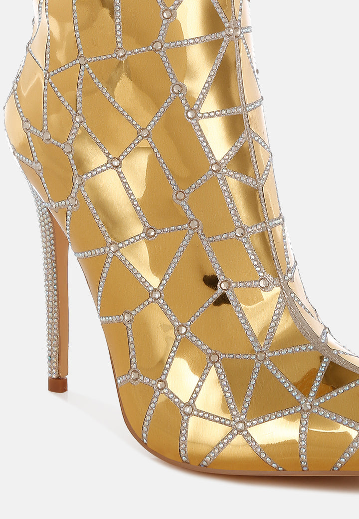 women rhinestones embellished metallic boots#color_gold