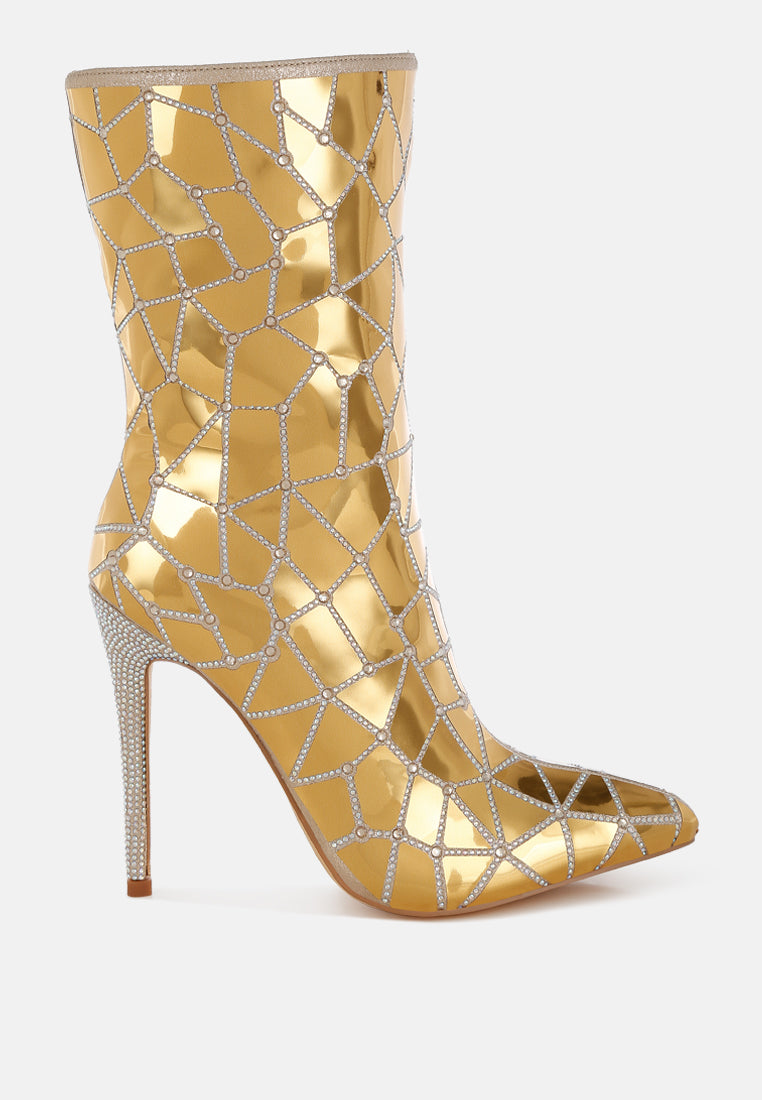 women rhinestones embellished metallic boots#color_gold