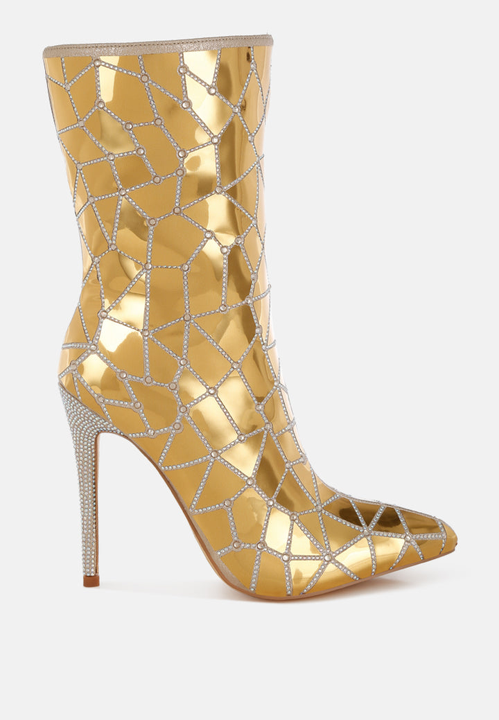 women rhinestones embellished metallic boots#color_gold
