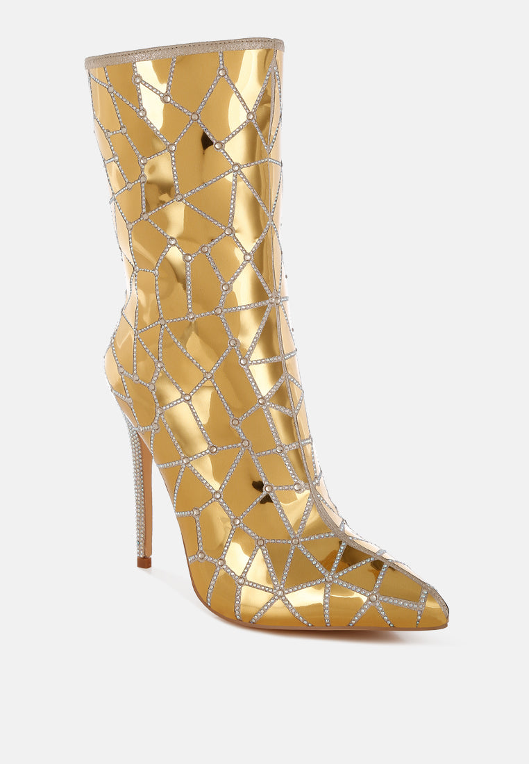 women rhinestones embellished metallic boots#color_gold
