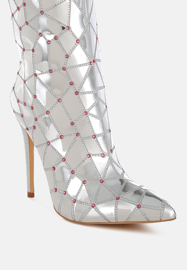 women rhinestones embellished metallic boots#color_silver