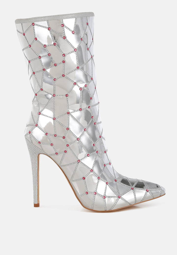 women rhinestones embellished metallic boots#color_silver