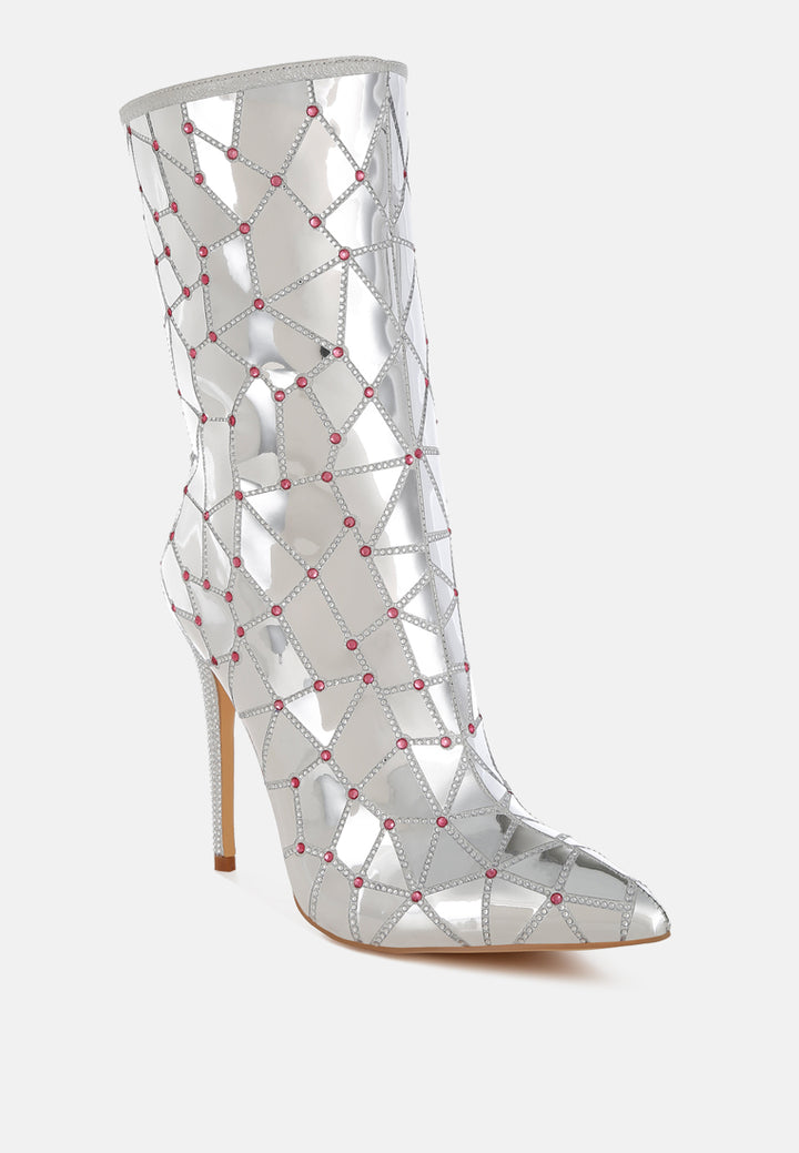 women rhinestones embellished metallic boots#color_silver