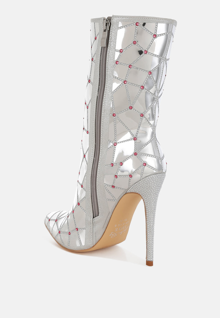 women rhinestones embellished metallic boots#color_silver