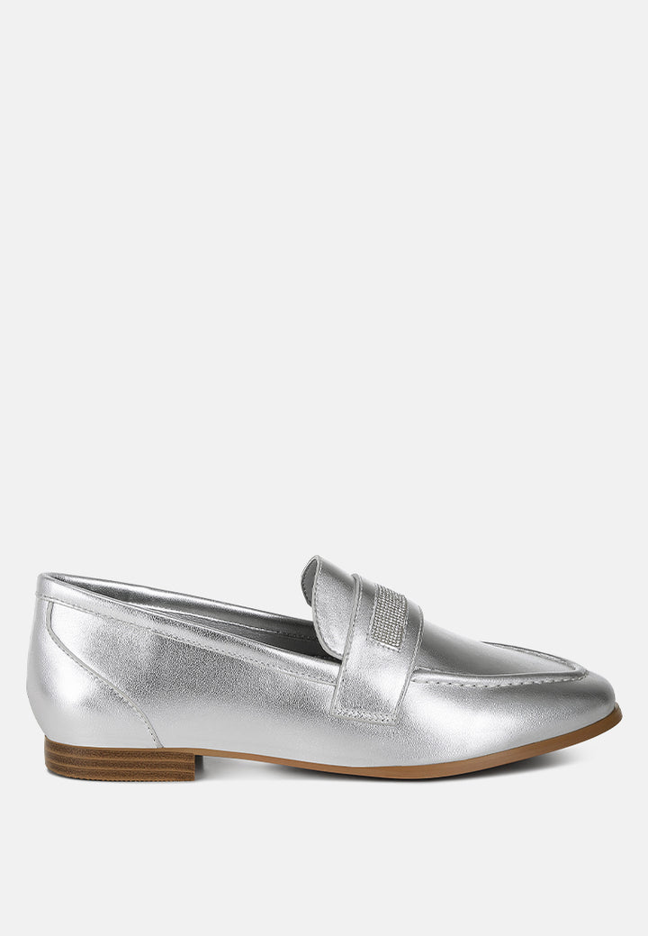 Women Rhinestone Strap Metallic Loafers