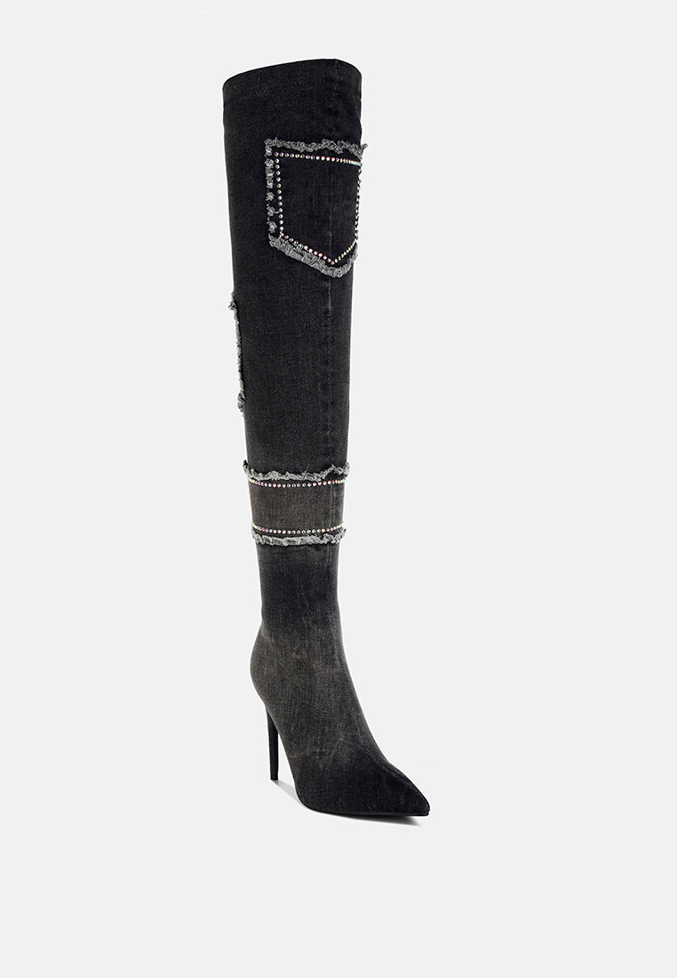 women rhinestones knee high denim boots#color_black