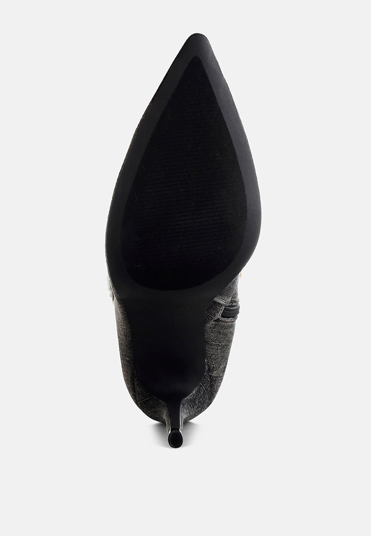 women rhinestones knee high denim boots#color_black