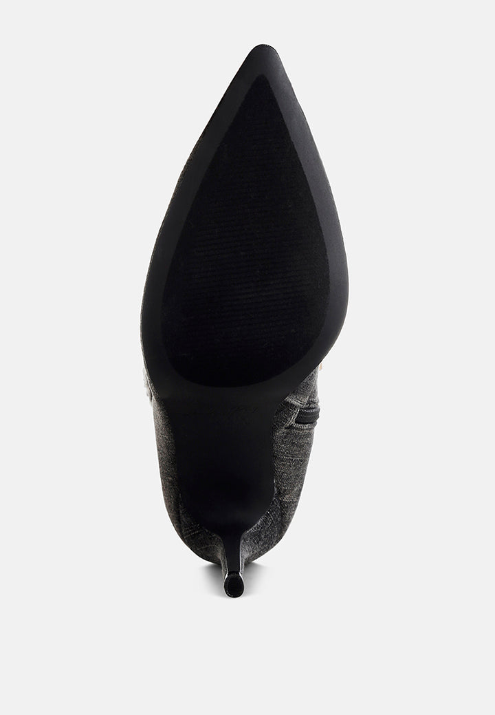 women rhinestones knee high denim boots#color_black