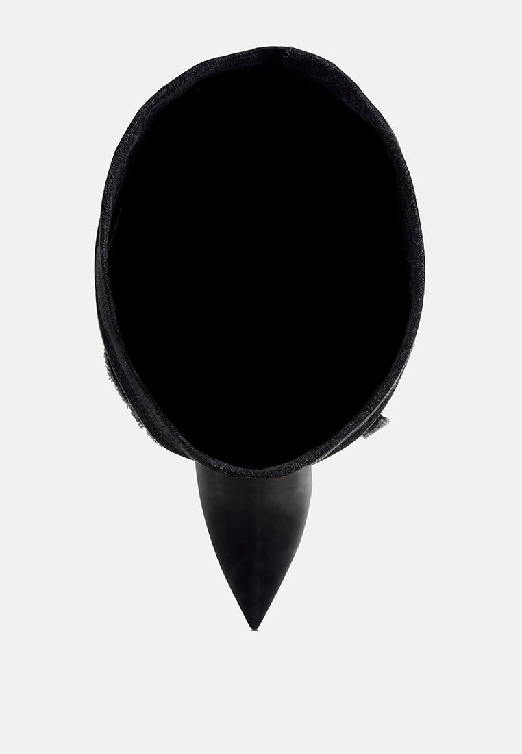 women rhinestones knee high denim boots#color_black