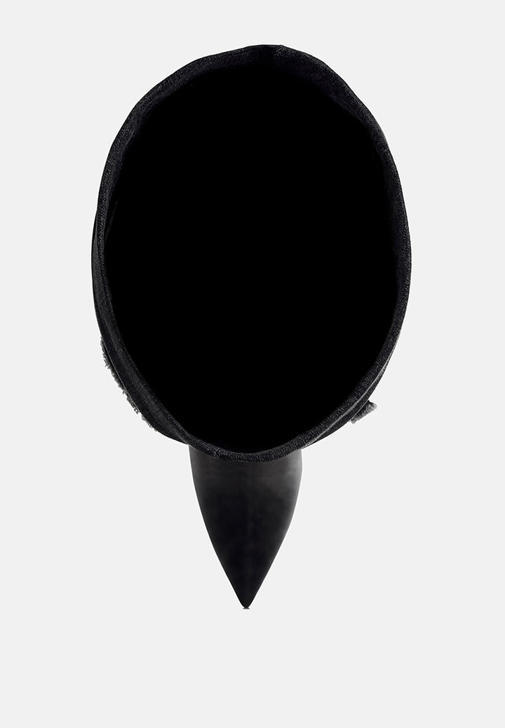 women rhinestones knee high denim boots#color_black