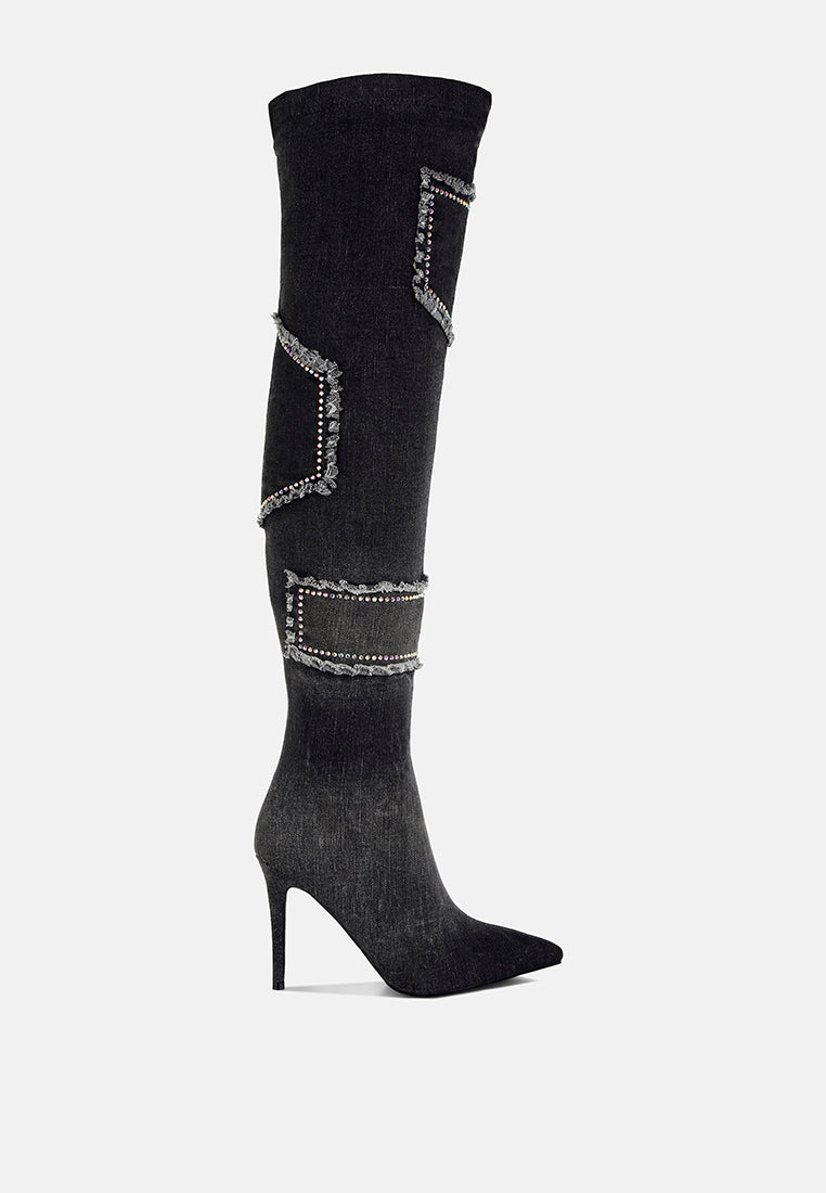 women rhinestones knee high denim boots#color_black