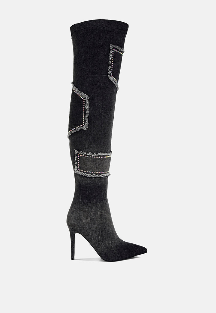women rhinestones knee high denim boots#color_black