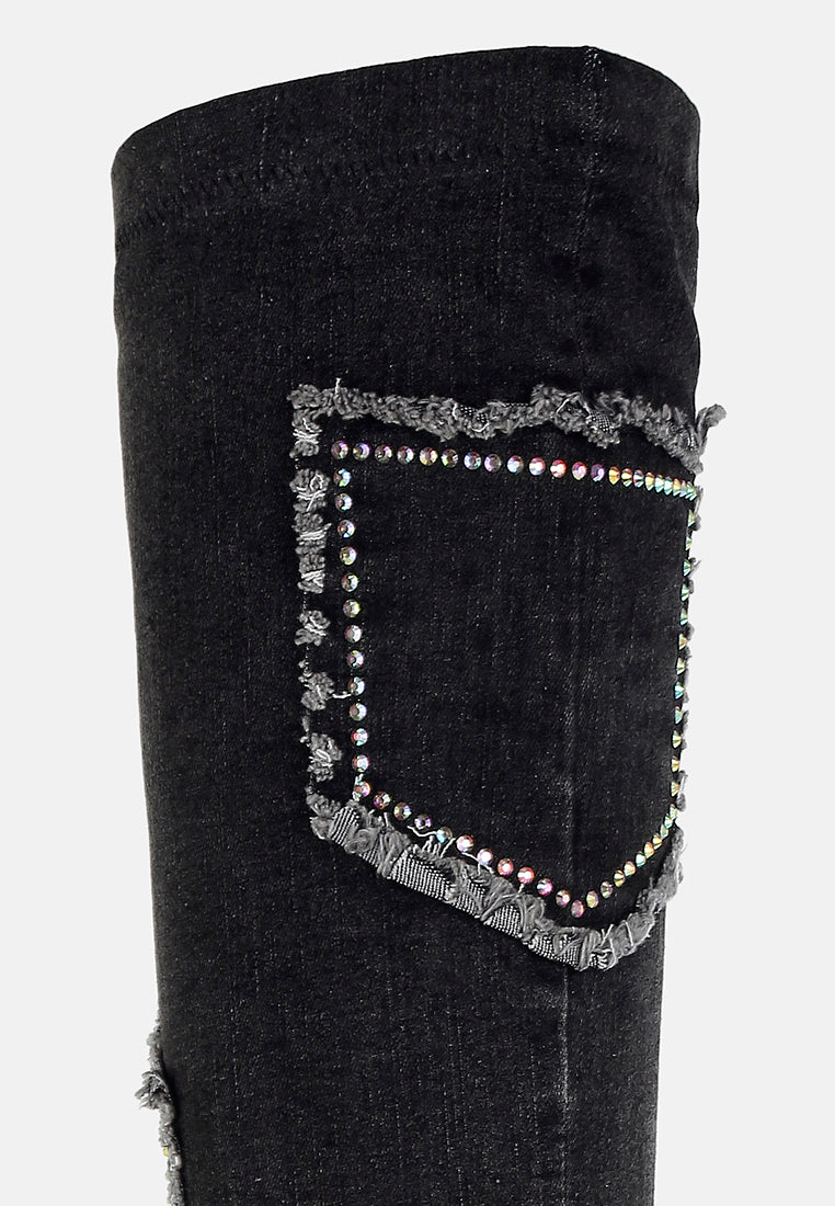 women rhinestones knee high denim boots#color_black