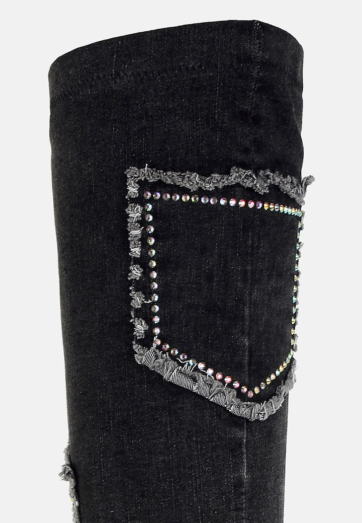women rhinestones knee high denim boots#color_black