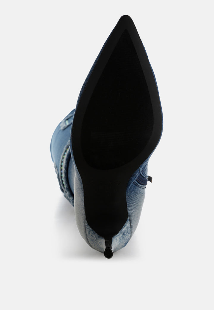 women rhinestones knee high denim boots#color_dark blue