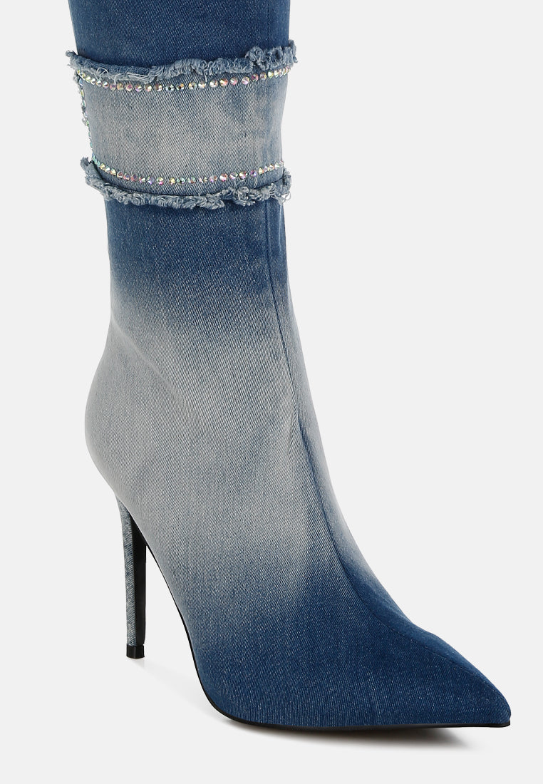 women rhinestones knee high denim boots#color_dark blue