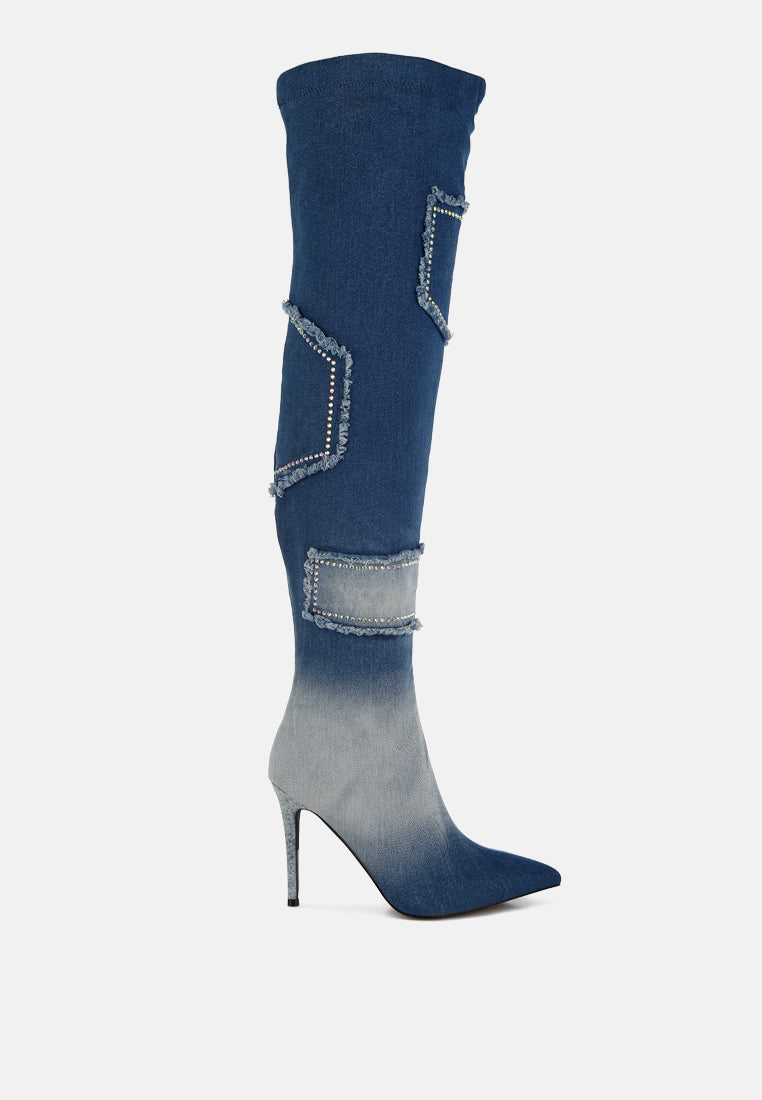 women rhinestones knee high denim boots#color_dark blue