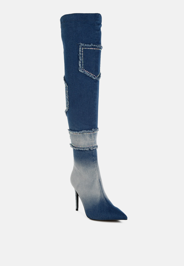 women rhinestones knee high denim boots#color_dark blue