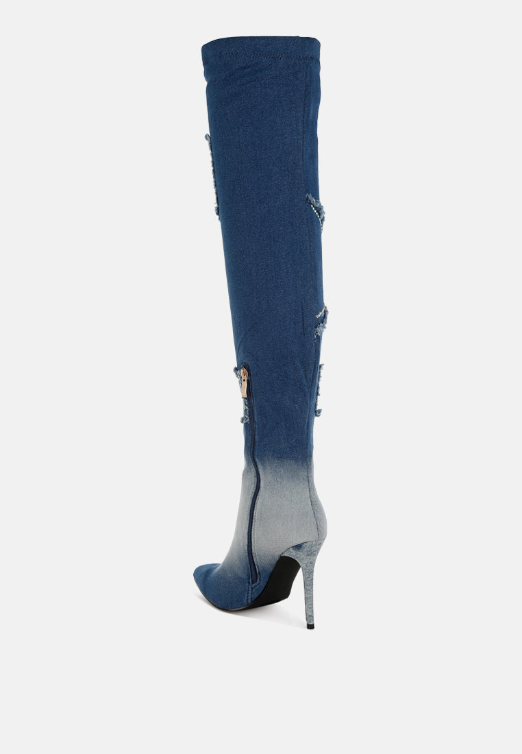 women rhinestones knee high denim boots#color_dark blue